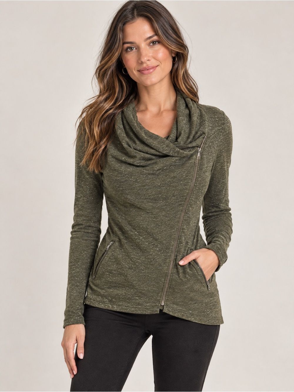 Forever21 Asymmetrical Zip Sweater Olive Green Medium Shacket